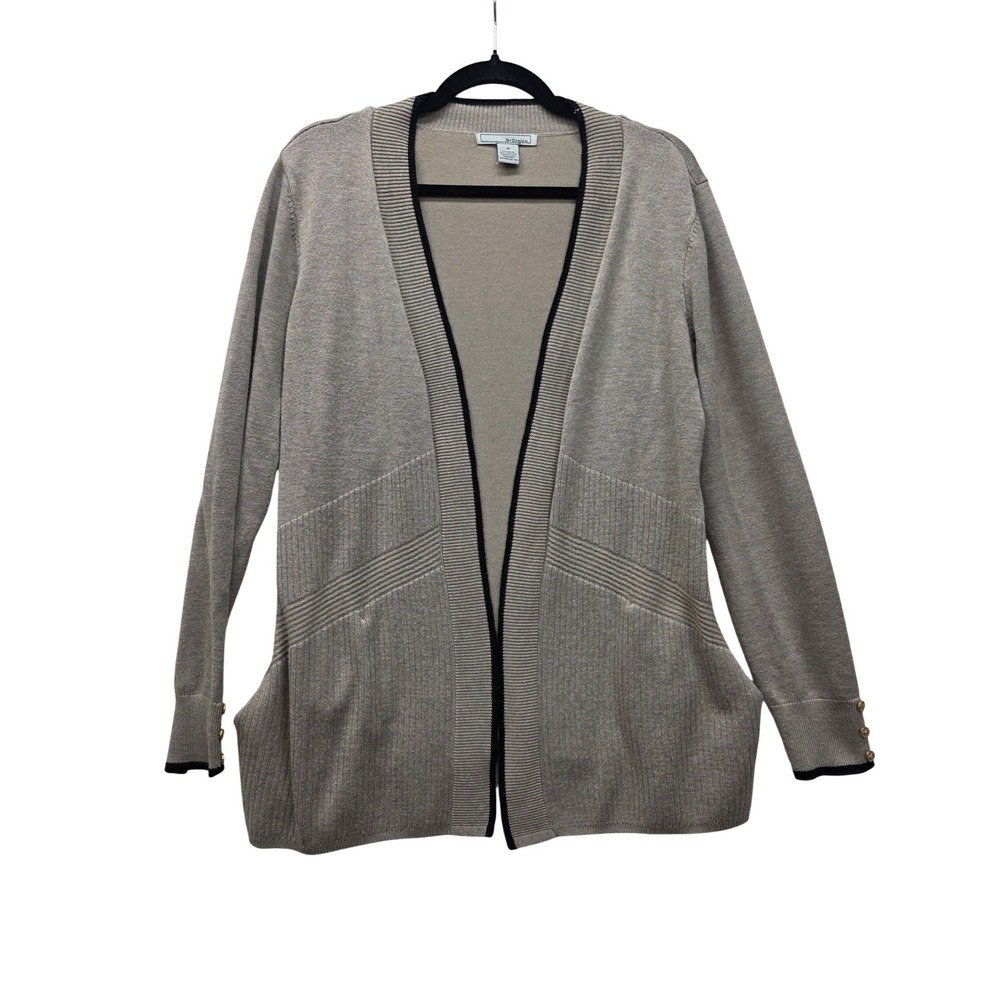 By Design Womens Open Front Cardigan Sweater Tan Black Trim Button Cuff Size M